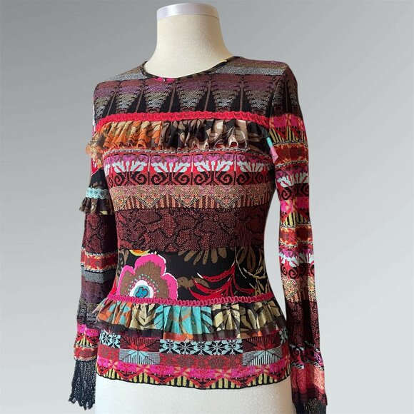 CHACOK French 90s Y2K Mixed Floral Print Mesh & Ruffle Knit Top - Picture 2 of 9